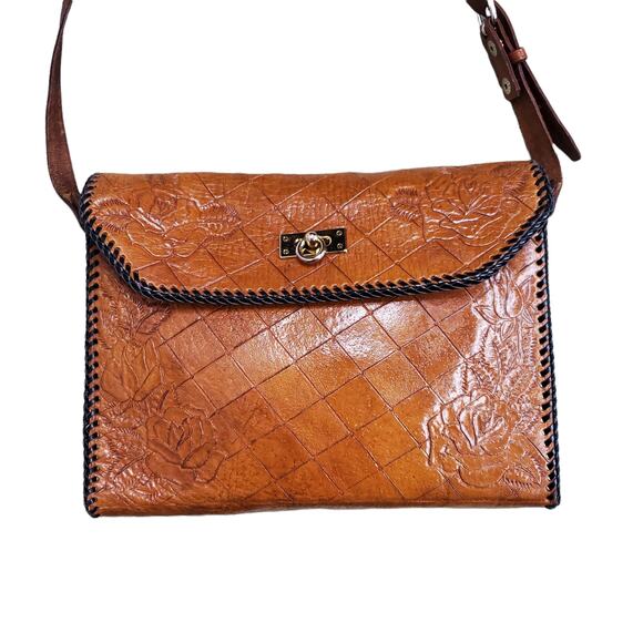 Vintage Crossbody Purse Handbag Brown Leather Tooled Whipstitch Gold Closure - Picture 2 of 15